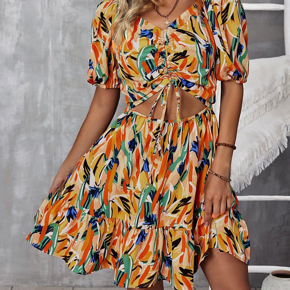 New Allover Print Cut Out Drawstring Front Puff S… - image 4